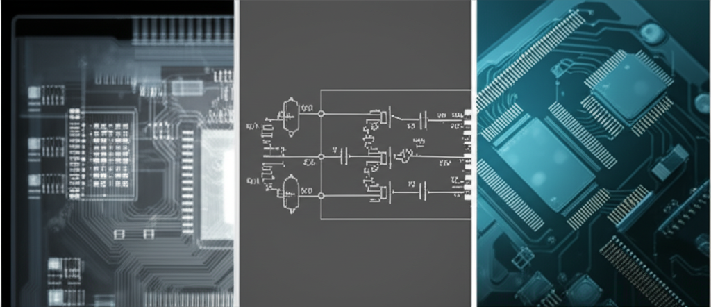Composite image showing X-ray, CAD design, and real PCB